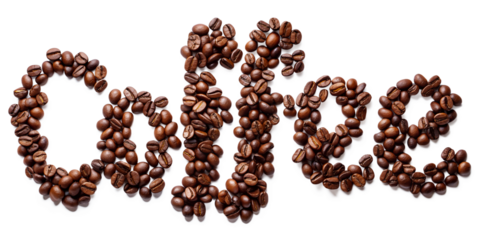 Coffee beans forming the word "coffee", creative typography, transparent background