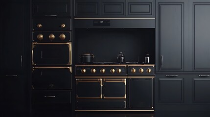 Fototapeta premium Black and Gold Kitchen Range with Cabinets