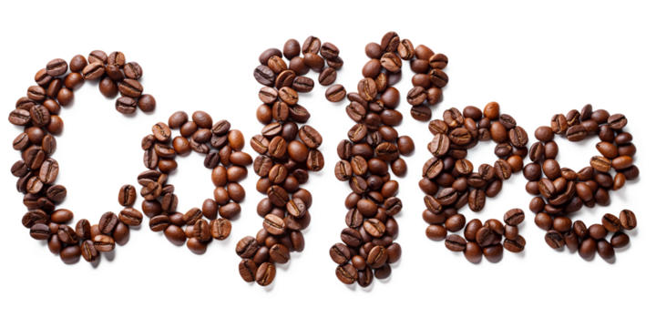 Coffee typography made from roasted beans, creative design, transparent background