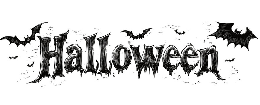 Gothic Halloween Text with Bats and Dripping Font Illustration