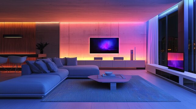 Modern living room with vibrant LED lights, stylish furniture, and a sleek television, creating a cozy and inviting atmosphere.