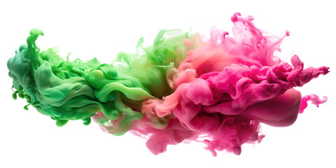 Vibrant green and pink ink swirling in water, transparent background
