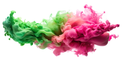 Vibrant green and pink ink swirling in water, transparent background