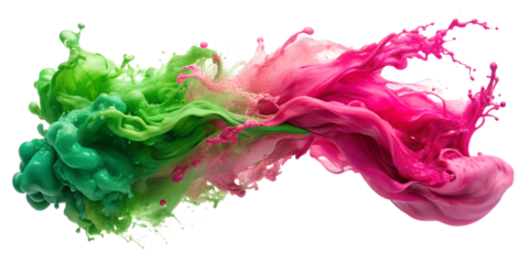 Abstract green and pink ink splash merging, transparent background
