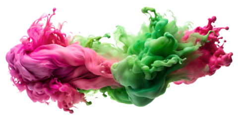 Dynamic ink explosion in pink and green hues, transparent background