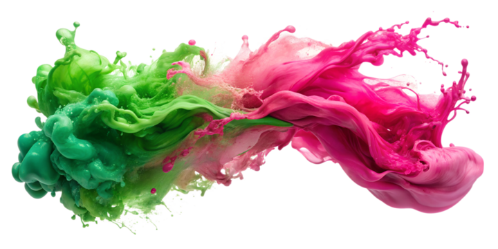 Abstract green and pink ink splash merging, transparent background