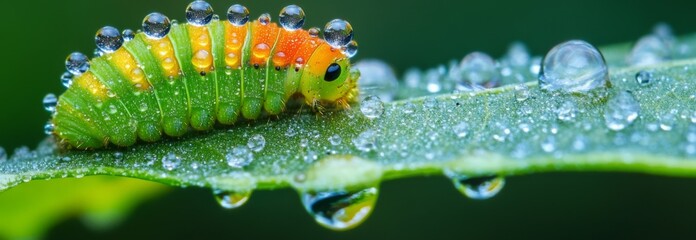 Fototapeta premium Close-up of a Lively Caterpillar Resting on a Dew-Covered Leaf, Showcasing the Intricate Beauty and Detail of Nature