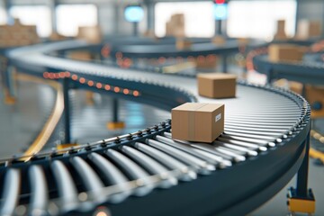 Obraz premium Cardboard boxes being transported on an automated conveyor belt in a modern distribution center, illustrating logistics and automation.
