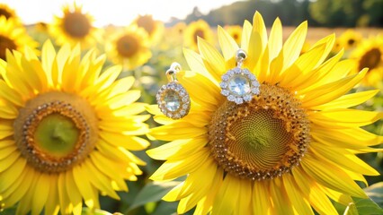 Obraz premium Diamond Earrings on a Sunflower in a Field