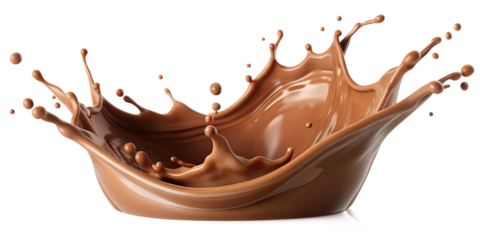Rich chocolate milk splash with dynamic motion, transparent background