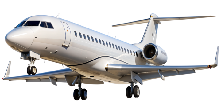 Luxury private jet in flight, isolated against transparent background