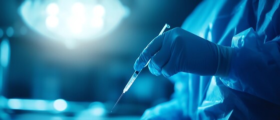 A surgical hand holds a scalpel in a sterile environment, showcasing precision and care in medical procedures under bright lights.
