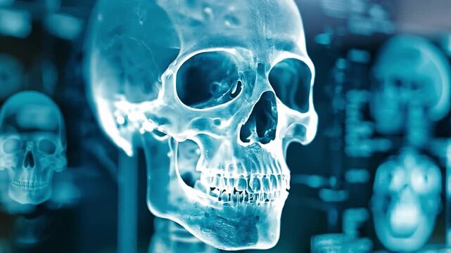 Detailed skull hologram on scientific background xray images, human anatomy concept