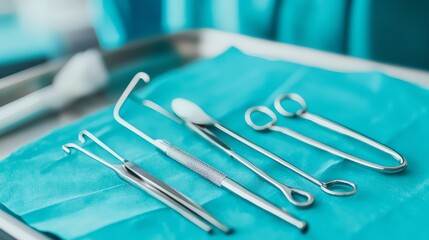 Fototapeta premium Close-up of dental tools arranged on a sterile tray, highlighting precision and readiness for dental procedures.