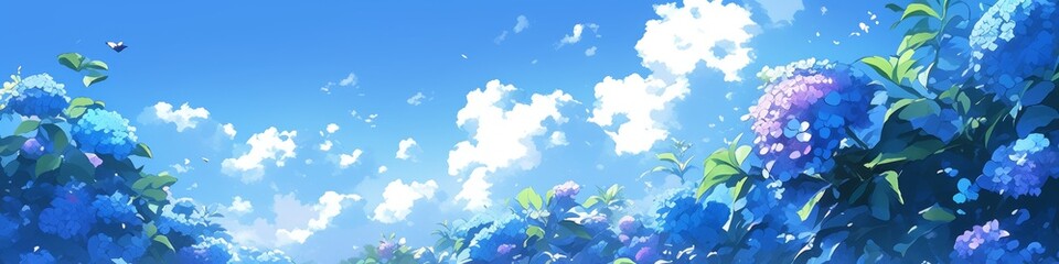 Obraz premium Enchanting Hydrangea Fantasy Landscape: Vibrant 4K Wallpaper with Abstract Anime-Style Florals. Mesmerizing Digital Art Featuring Lush Blooms and Dynamic Skies, Perfect for Book Illustrations and Crea