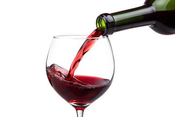 Red wine pouring into glass, isolated against transparent background