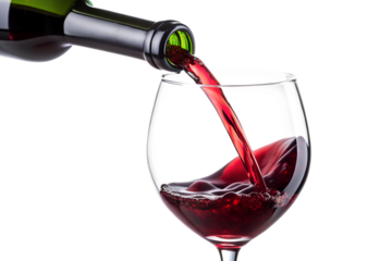 Red wine being poured into glass, isolated against transparent background