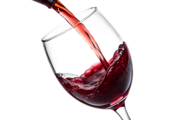 Close-up of red wine pouring, isolated against transparent background