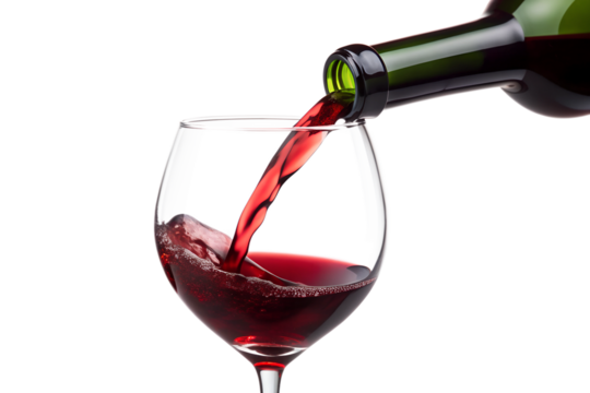Red wine pouring into glass, isolated against transparent background