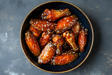 Top view Baked wings in sweet and sour sauce with sesame seeds.