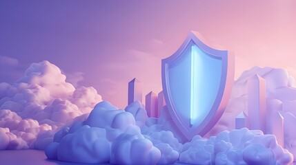 Futuristic shield symbolizing cloud security amidst floating clouds and glowing structures in an abstract digital landscape.