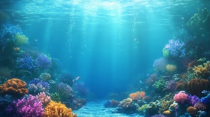 Fototapeta premium Underwater Scene with Sunlight Filtering Through the Ocean and Colorful Coral Reefs