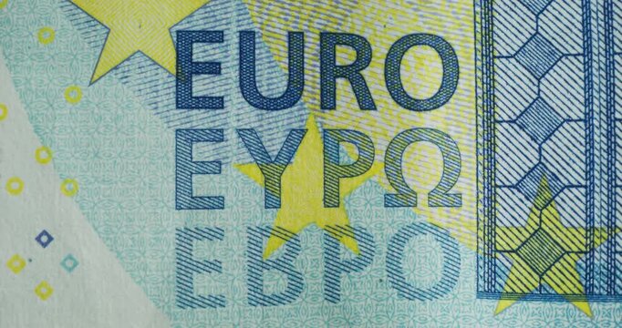 An overview of the 20 euro banknote. Quick frame change with different parts of the banknote in close-up