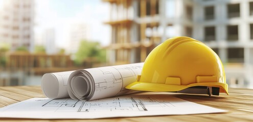 Construction plans rolled up next to a yellow safety helmet on a wooden table with a construction site background.