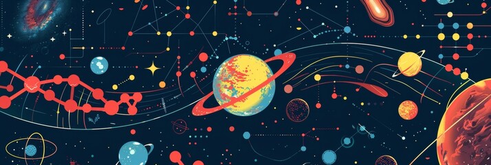 Flat background filled with scientific illustrations, including atoms, DNA strands, galaxies