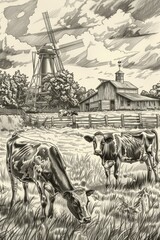 Obraz premium Classic sketch engraving a rural milk dairy farm, featuring cattle grazing near a traditional barn