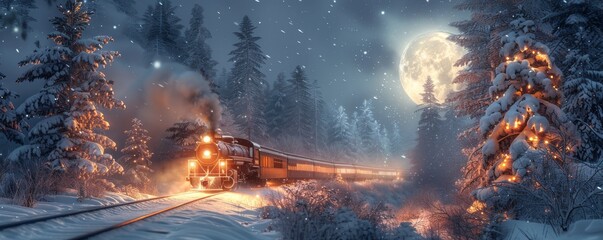 Magical winter night train journey through snowy forest with full moon