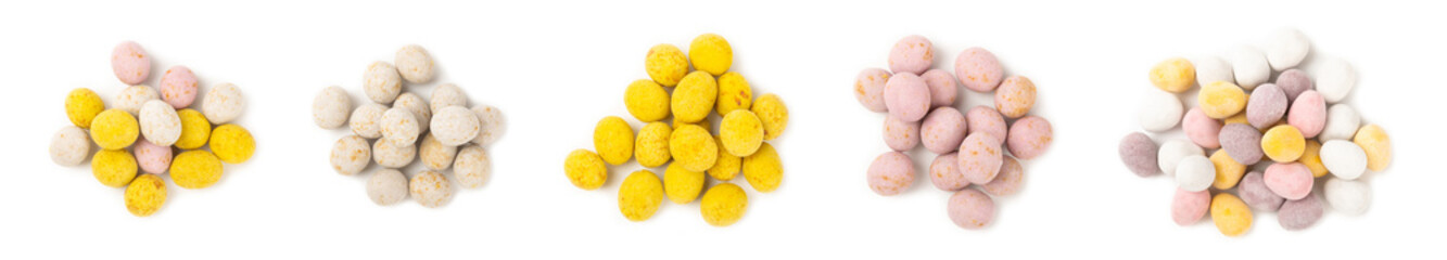 Candy isolated on a white background.COLORED EASTER EGGS. Easter celebration concept. Happy Easter. Chocolate sweet eggs. Space for text.Copy space