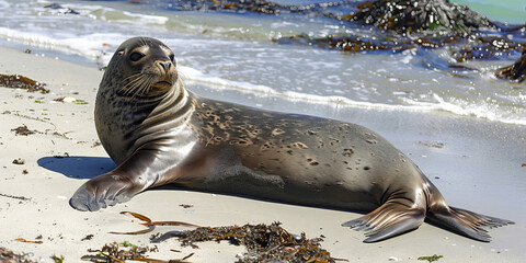 Relaxed seal resting on sandy beach by ocean waves