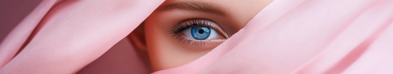 Close-up Portrait of a Woman's Face Partially Veiled in Pink, Accentuating Her Blue Eyes and Fair Skin for Themes of Beauty, Elegance, and Fashion