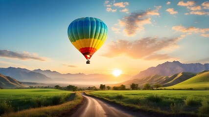 Colorful hot air balloon flying over green valley with road and mountain background at sunrise, 