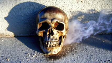 Human Skull with Smoke on Concrete Ground