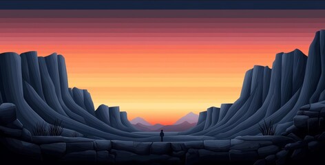A pixel art canyon at sunset, with the sky painted in shades of orange and pink