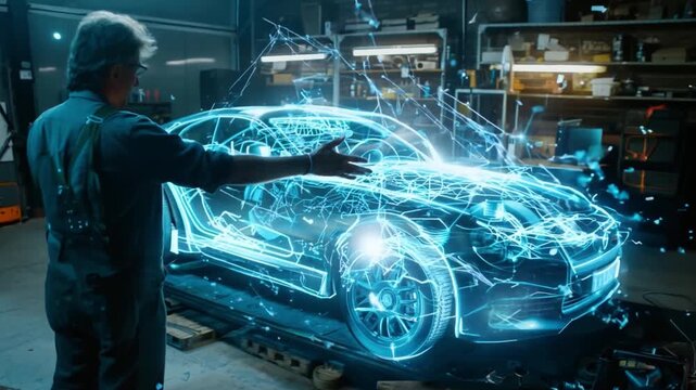 Glowing car hologram and mechanic presenting futuristic vehicle features at garage. Future of automobile maintenance