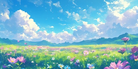 Obraz premium Enchanting Chrysanthemum Fantasy Landscape: Vibrant 4K Wallpaper with Abstract Anime-Style Florals. Captivating Digital Art Showcasing Delicate Blooms and Dynamic Skies, Ideal for Book Illustrations a