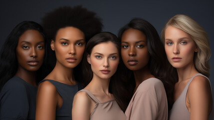 Obraz premium Five diverse multiethnic women standing together in a studio setting against a dark background, showcasing natural beauty and skin inclusivity.