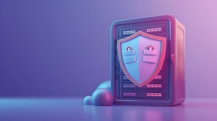 Secure server with shield icon, representing data protection and cybersecurity in a futuristic setting with purple-blue gradient lighting.