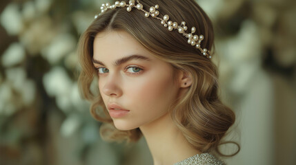 Fototapeta premium A telephoto angle photo of a side-swept hairstyle with a soft curl and a pearl-studded headband, with copy space