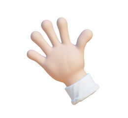 Waving hand in greeting gesture saying hello. Flexible arm male character in blue sleeve is raised up with open palm and five fingers. Cartoon 3d render illustration isolated on white background.