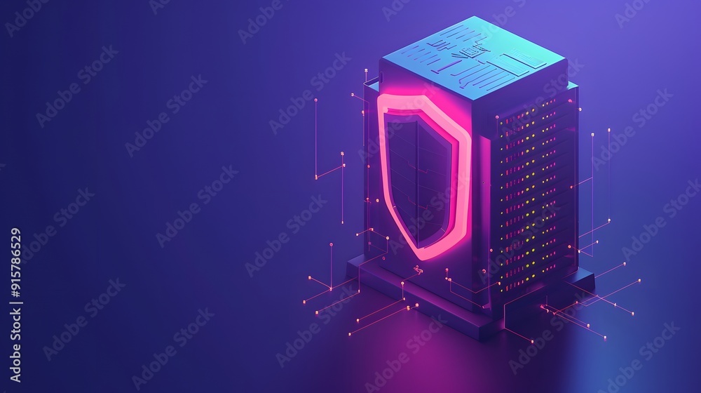 Poster shielded server data protection concept with glowing digital shield on computer hardware in neon lig