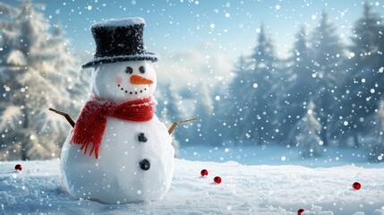 Fototapeta premium A snowman wearing a scarf and hat stands in the snow. The snowman is smiling and he is happy