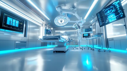 Modern surgical room featuring advanced technology, bright lighting, and high-tech equipment ready for medical procedures.