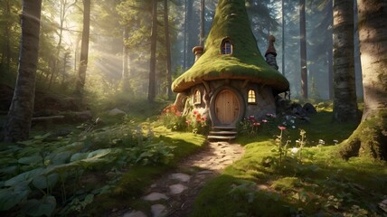 Fairytale tree house in a mysterious forest, house of pixies and elves. template for design.