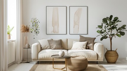 Posters displayed on white wall in living room with beige sofa, plant, and table