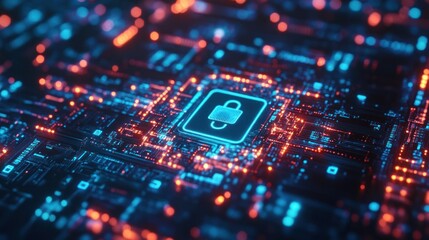 Obraz premium Cybersecurity: A Digital Lock on a Circuit Board