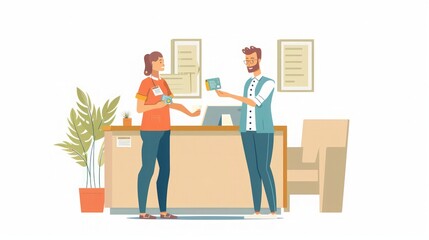 Customer Service Illustration: Man and Woman at Reception Desk